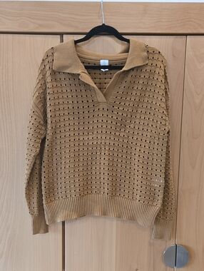 Joie Open-Knit V-Neck Polo Sweater in Camel, GUC, L, Quiet Lux, Comfort Chic